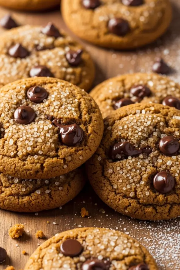 Gingerbread Chocolate Chip Cookies scattered on a wooden board