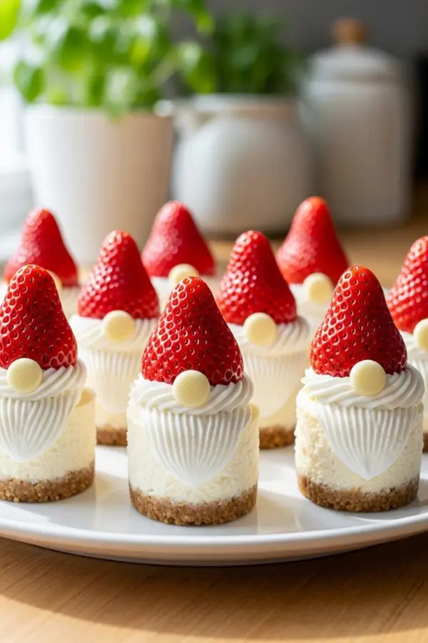 Cute mini gnome cheesecakes on a white platter, each with whipped-cream beards, red strawberry hats, and tiny white-chocolate noses