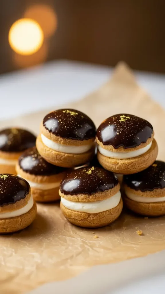 Bitten one piece Gold-Dusted Chocolate Profiterole in a small plate