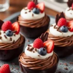 Rich dark-chocolate mousse swirled inside glossy chocolate cups, topped with fresh berries, whipped cream, and chocolate shavings