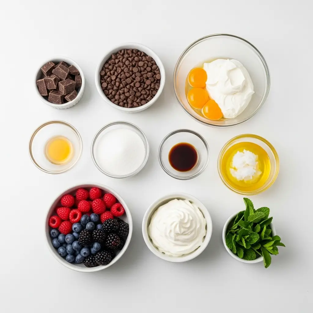 A neatly arranged set of hot chocolate mousse cup ingredients on a bright white kitchen countertop