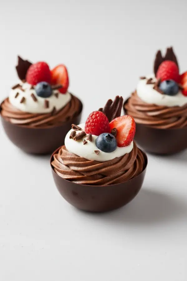 3 dark-chocolate mousse in the kitchen countertop