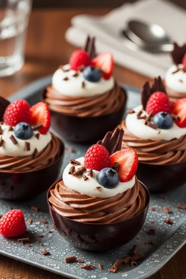 Rich dark-chocolate mousse swirled inside glossy chocolate cups, topped with fresh berries, whipped cream, and chocolate shavings