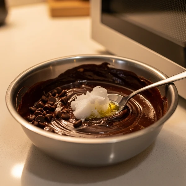 A microwave-safe bowl filled with melting chocolate chips and a spoonful of coconut oil