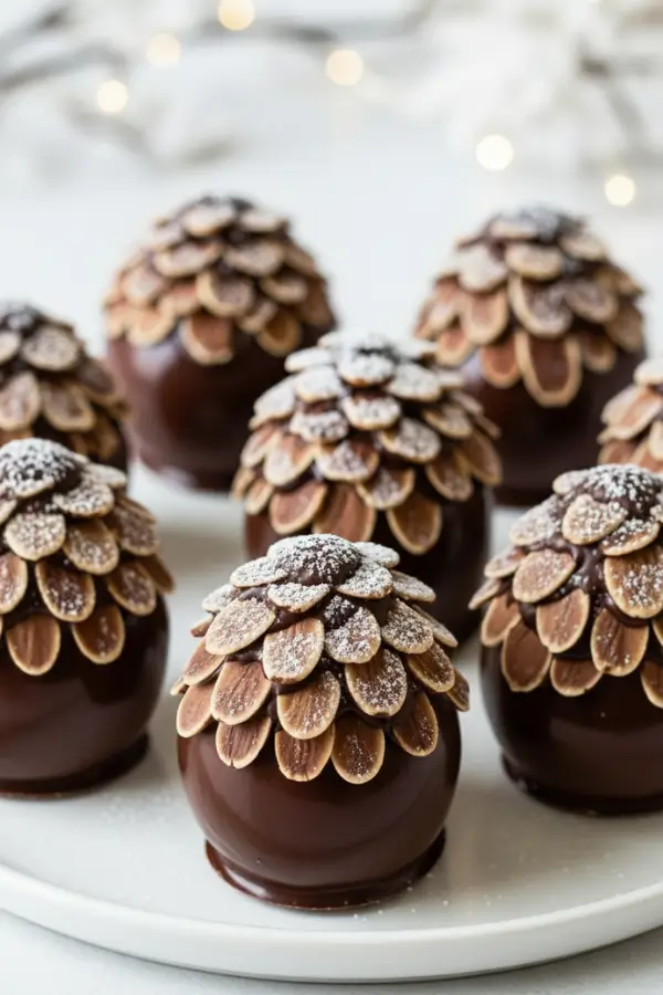 Chocolate-covered strawberries decorated with overlapping almond slices to look like realistic pine cones, glossy chocolate finish