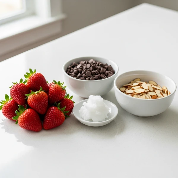 strawberries, a bowl of chocolate chips, a small dish of coconut oil, and a bowl of sliced almonds arranged neatly