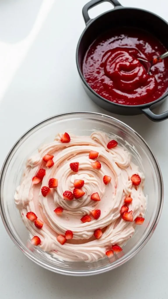 Creamy pale-pink strawberry cream cheese frosting and a small pot of reduced strawberry puree