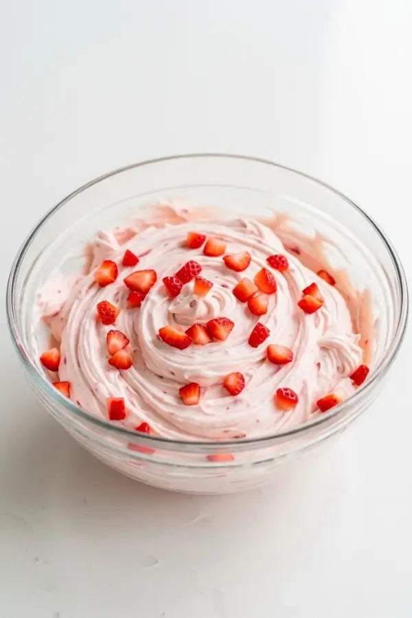 Creamy pale-pink strawberry cream cheese frosting with tiny fresh strawberry pieces