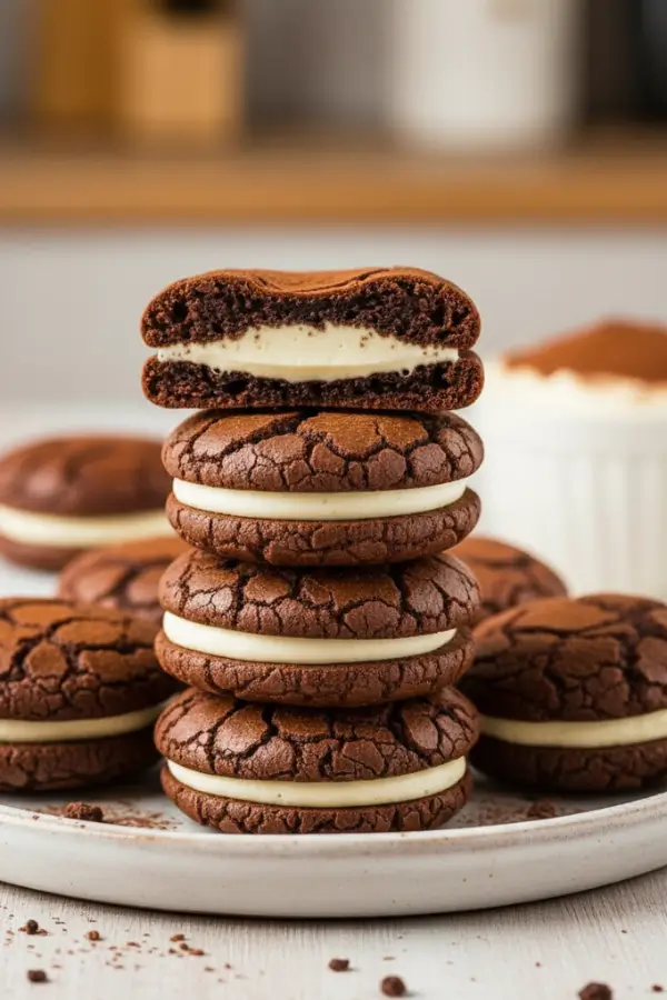 Rich tiramisu brownie crinkle cookie sandwiches filled with creamy mascarpone, glossy crackled chocolate tops