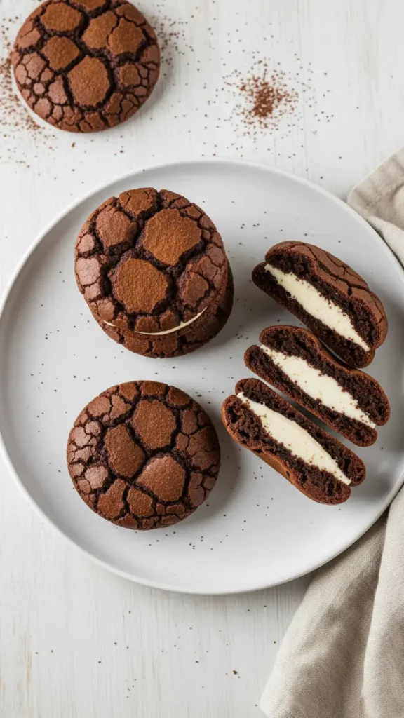 Rich tiramisu brownie crinkle cookies, overhead view