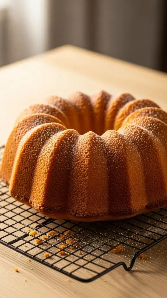 Golden vanilla wafer bundt cake on a cooling rack