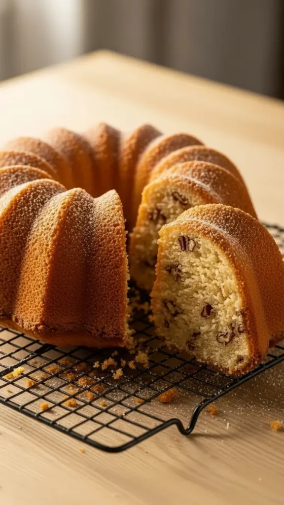 Golden vanilla wafer bundt cake on a cooling rack, sliced to show moist coconut-pecan interior