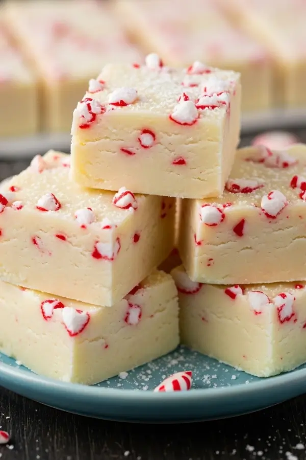 White Chocolate Peppermint Fudge squares on a plate