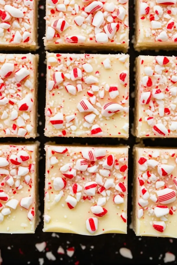 White Chocolate Peppermint Fudge, topped with crushed candy canes, glistening red and white pieces