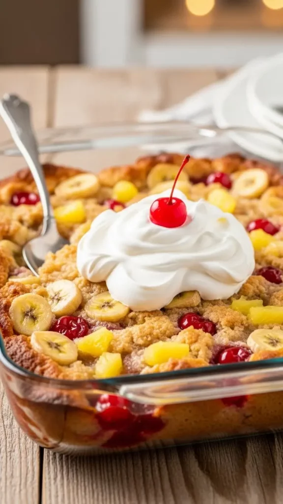 Banana split dump cake in a 9×13 pan
