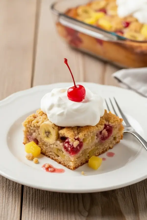 Banana split dump cake serve in a plate