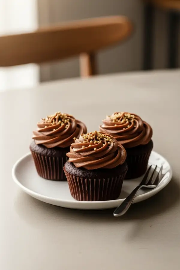 Easy Chocolate Cupcakes Topped with Golden Sparkle