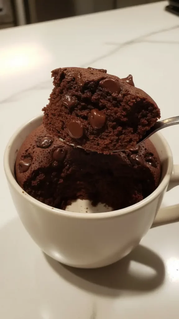 Chocolate Protein Mug Cake lifting with a spoon