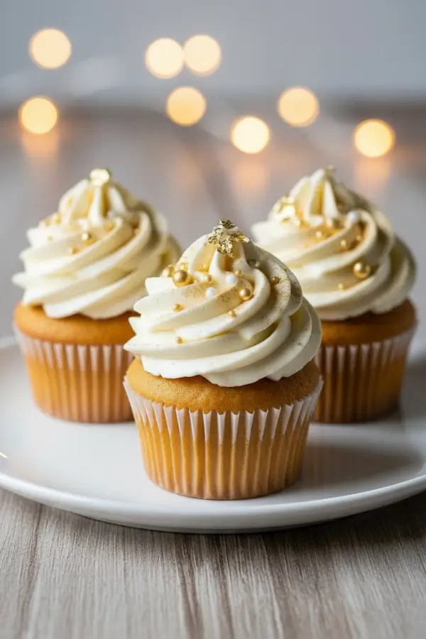 Golden honey vanilla cupcakes topped with fluffy white frosting brushed in shimmering gold dust