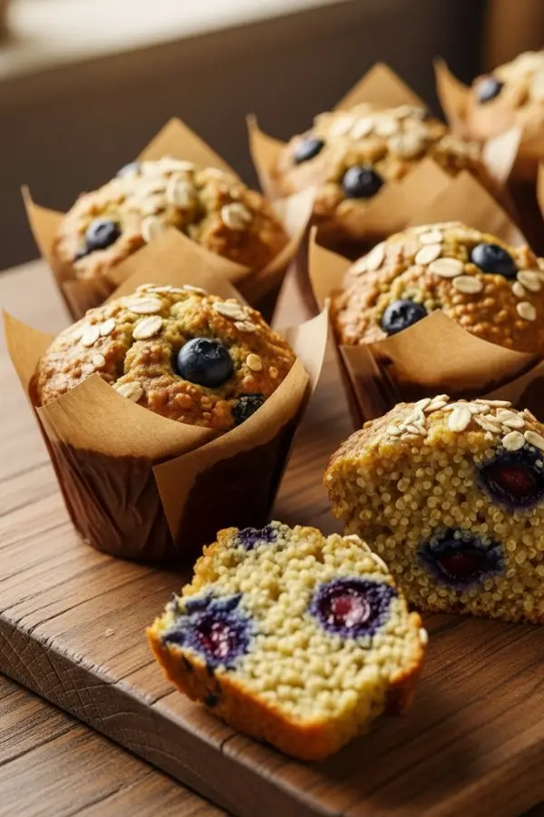 Golden quinoa protein muffins studded with fresh blueberries and oats