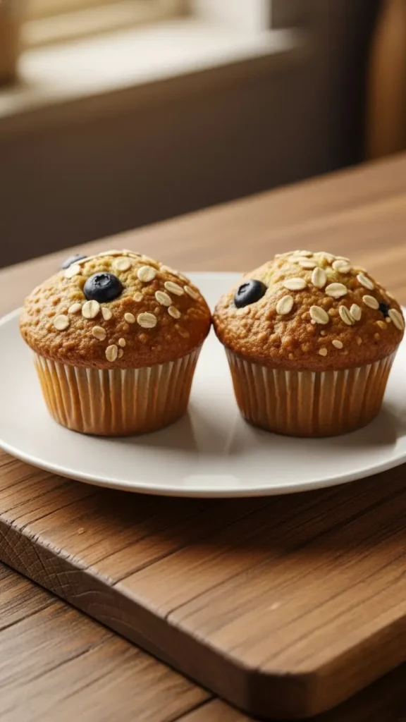 Two Golden quinoa protein muffins with fresh blueberries and oats