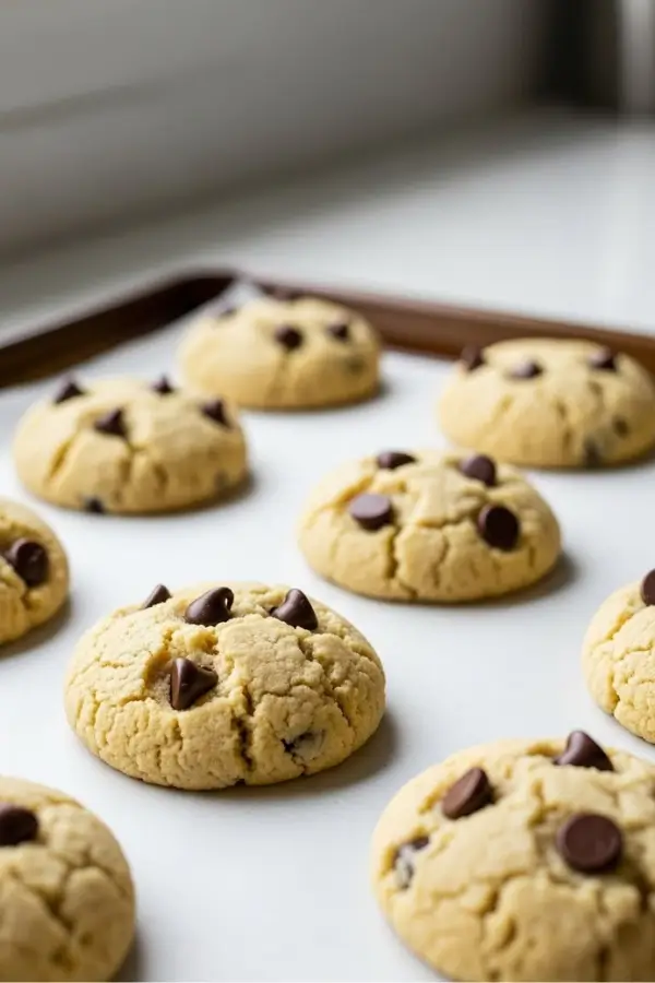 Golden keto coconut flour cookies on parchment-lined baking sheet, lightly cracked tops, sugar-free chocolate chips