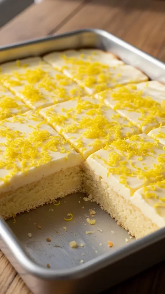 Lemon mascarpone sheet cake in a 9×13 pan, fresh lemon zest garnish
