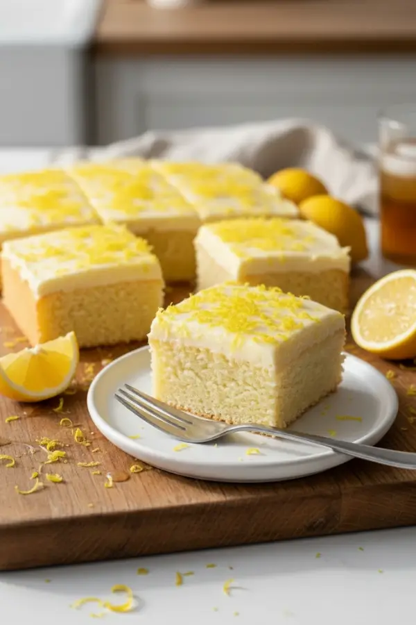 Lemon mascarpone cake slices on a wooden board