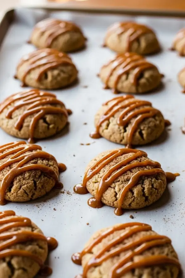 Soft maple chai spiced cookies topped with glossy brown butter icing, setup on parchment-lined trays