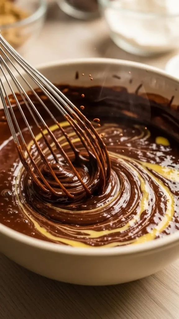 Melted dark chocolate and butter being whisked smoothly in a bowl