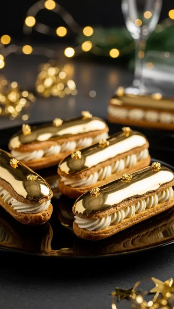 Elegant New Year’s Eve eclairs festive holiday backdrop