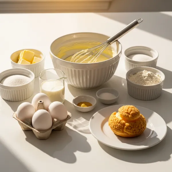 Elegant New Year’s Eve eclairs ingredients like butter, flour, eggs, milk, sugar, and gold dust, etc