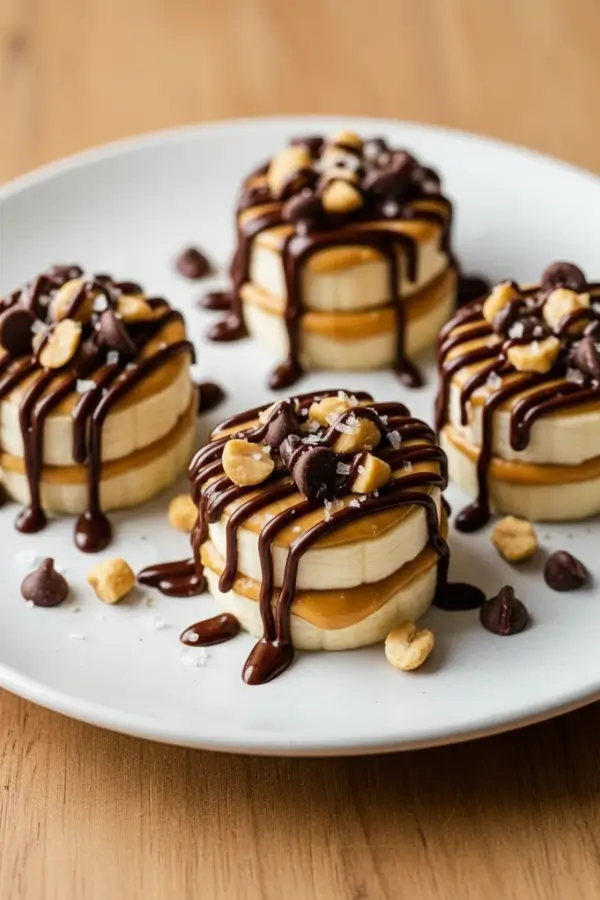 Peanut butter banana bites on a plate, chocolate-drizzled banana sandwiches with sprinkled toppings
