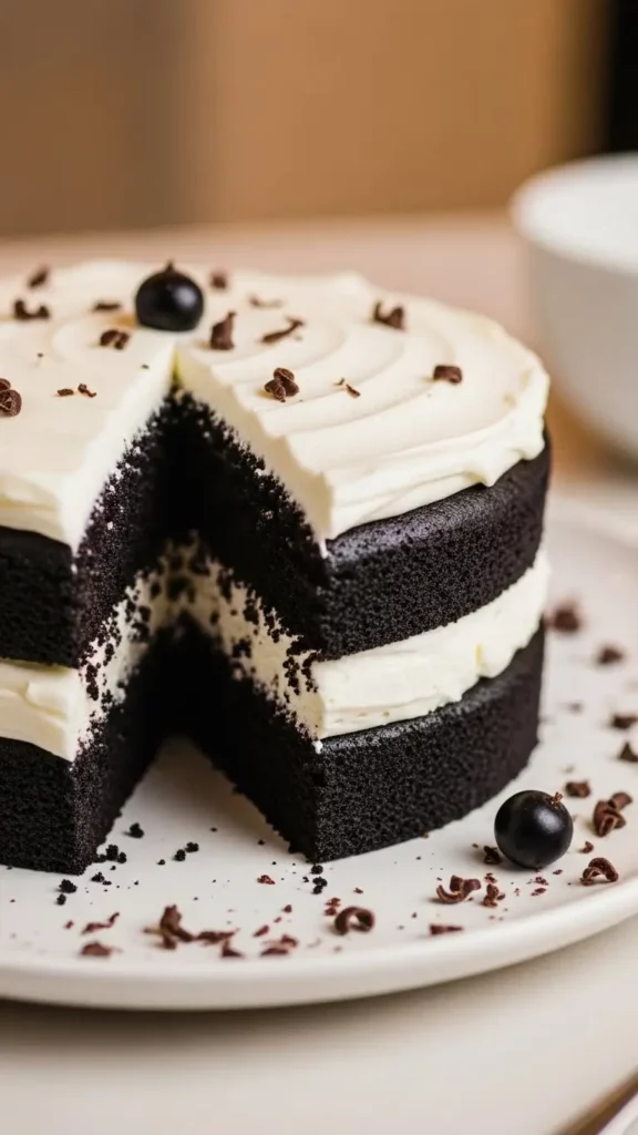 Midnight Black Velvet Cake sliced to show moist dark crumb