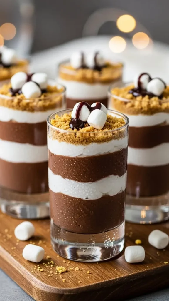S’mores Pudding Shots with marshmallow, front view
