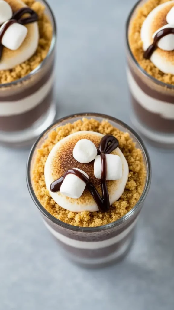 S’mores Pudding Shots with marshmallow, top view