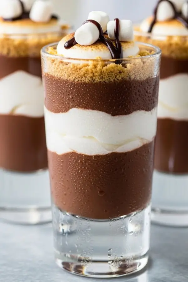 Layered s’mores pudding shots in clear glasses with chocolate pudding