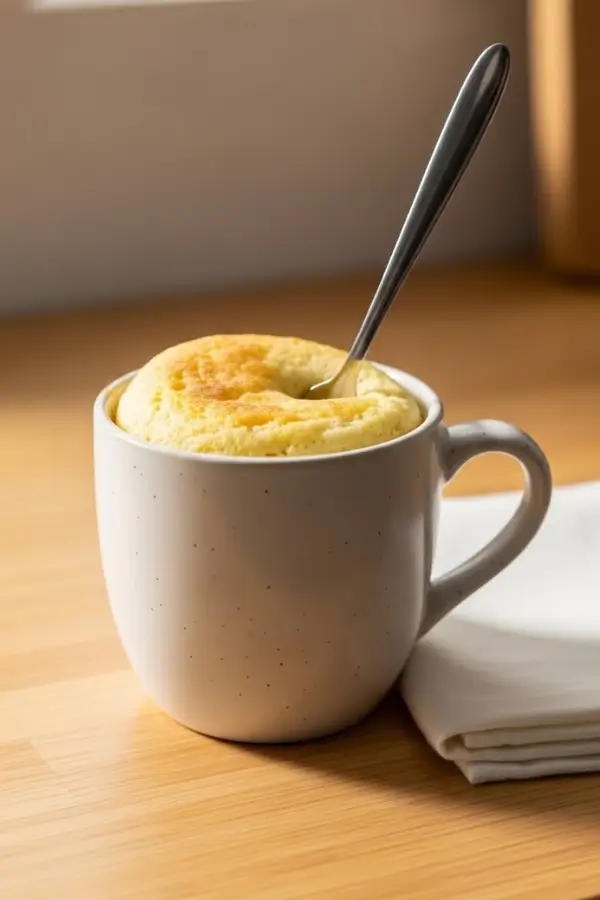 Fluffy vanilla protein mug cake baked in a microwave-safe mug, lightly golden top