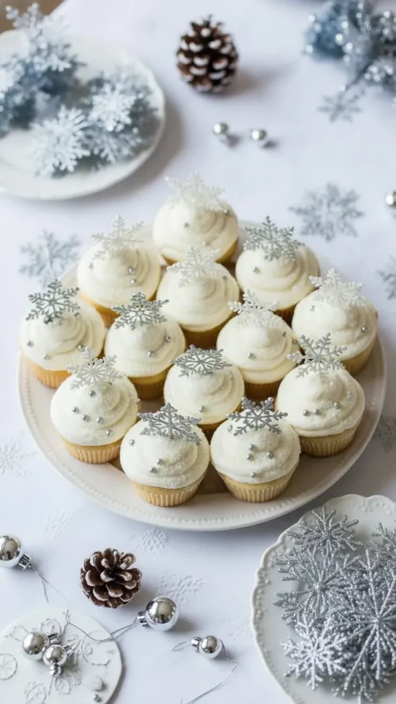 Overhead view of vanilla cupcakes with snowy white frosting