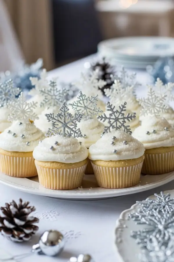 Fluffy vanilla cupcakes topped with snowy white frosting, sparkling sugar, and delicate snowflake decorations