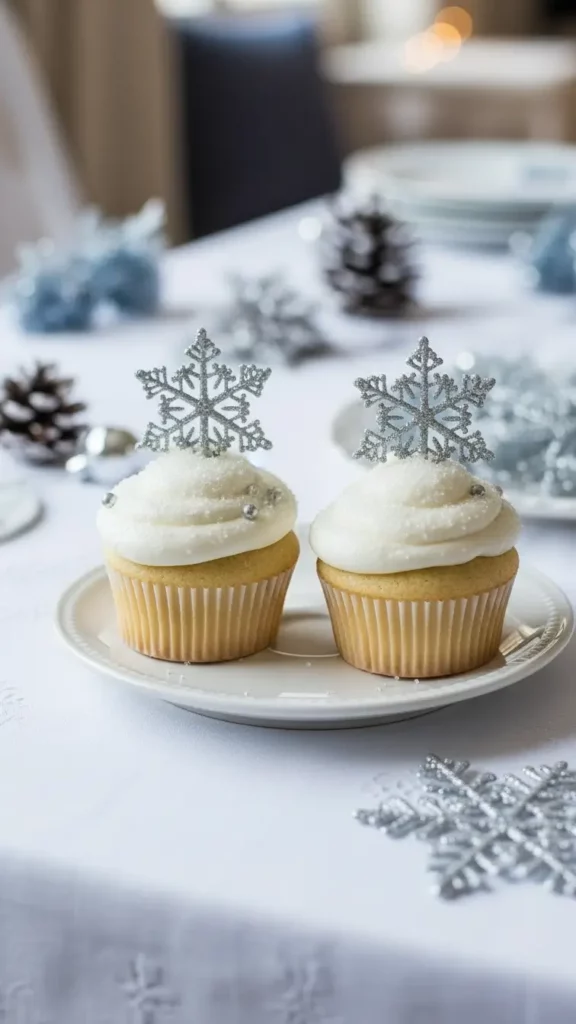 Two vanilla cupcakes on a plate, ready for serving