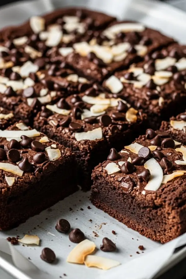 Fudgy vegan coconut chocolate brownies sliced in squares, crackled cocoa top with chocolate chips and coconut flakes