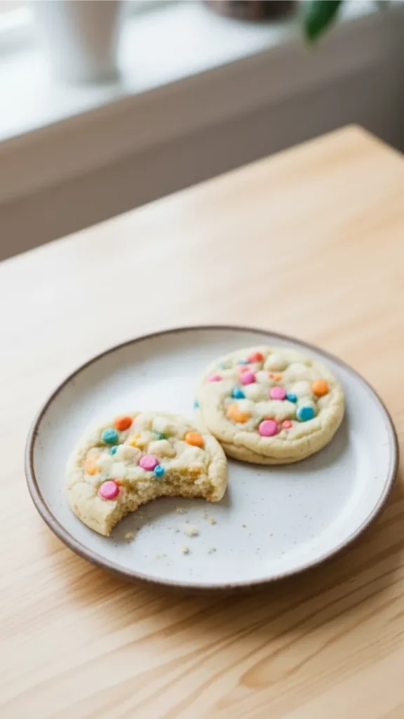 Two White Chocolate Chip Cookies, one bitten