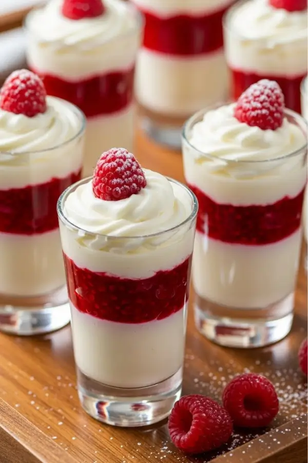 Elegant white chocolate raspberry dessert shooters filled with layers of silky mousse, macerated raspberries, and vanilla whipped cream, topped with fresh berries