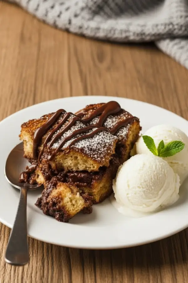 Chocolate bread pudding served for eating