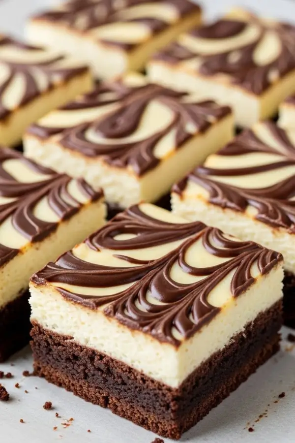 Chocolate cheesecake brownie bars, bakery-style presentation