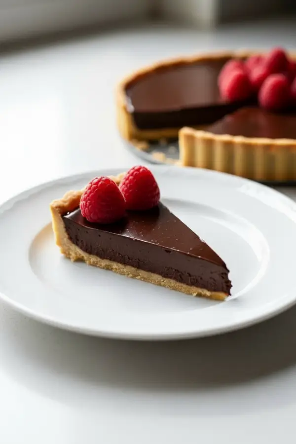 One chocolate ganache tart slice on a plate for eating
