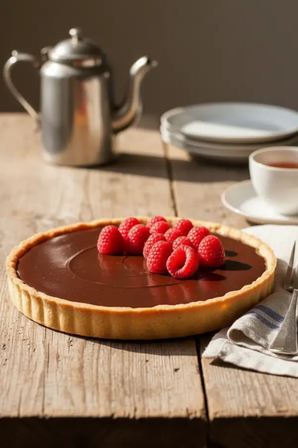 Chocolate ganache tart on table