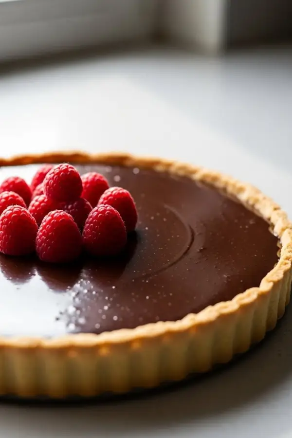 Chocolate ganache tart with glossy dark chocolate filling, golden baked tart crust, topped with fresh raspberries