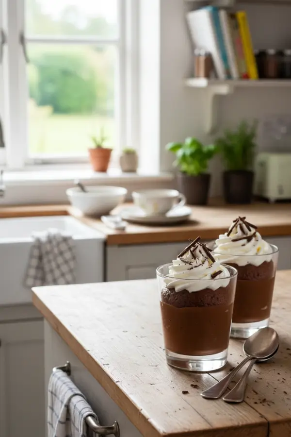 Dark chocolate mousse on kitchen countertop
